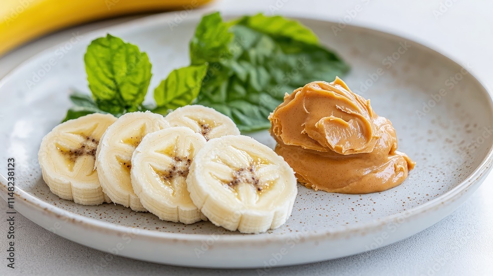 Sliced bananas with peanut butter and mint on a plate. Sliced bananas with peanut butter and mint on a plate.