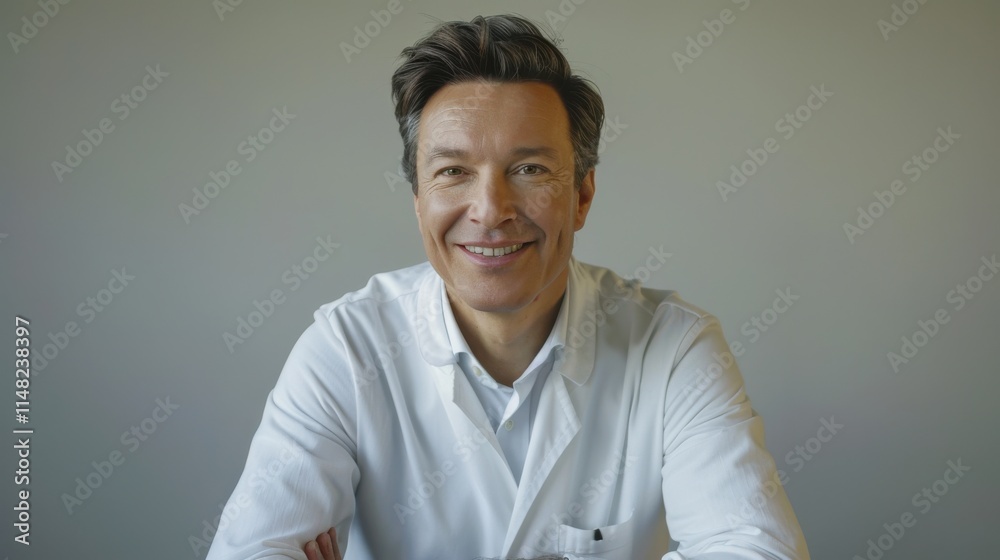 Professional smiling man in white lab coat sitting confidently in a modern workspace conveying trust and expertise in healthcare Professional smiling man in white lab coat sitting confidently in a modern workspace conveying trust and expertise in healthcare