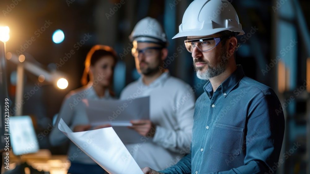 A group of professionals in hard hats examines plans, emphasizing teamwork and safety in an engineering or construction setting. A group of professionals in hard hats examines plans, emphasizing teamwork and safety in an engineering or construction setting.