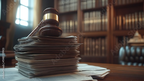 Wooden gavel on legal documents in courthouse, blurred background, blue tones. Professional photography with dramatic lighting captures justice concept and legal symbolism.