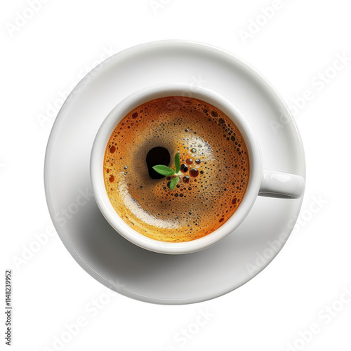 A white coffee cup with a green leaf on top