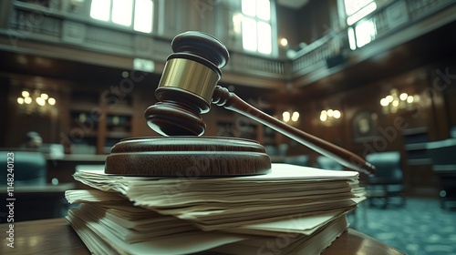 Wooden gavel on legal documents in courthouse, blurred background, blue tones. Professional photography with dramatic lighting captures justice concept and legal symbolism.