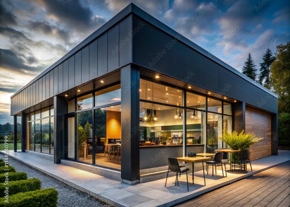 Obraz premium Modern Coffee Shop Exterior Design, Black Grey Architecture, Large Windows, Patio, Coffee House Building Facade