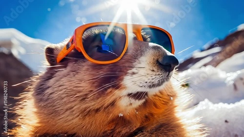 A cute, fluffy marmot crawled out of his hole wearing sunglasses among the white snow on a sunny day. zoom in, zoom out, pan or make 360 photo, animate, pan right