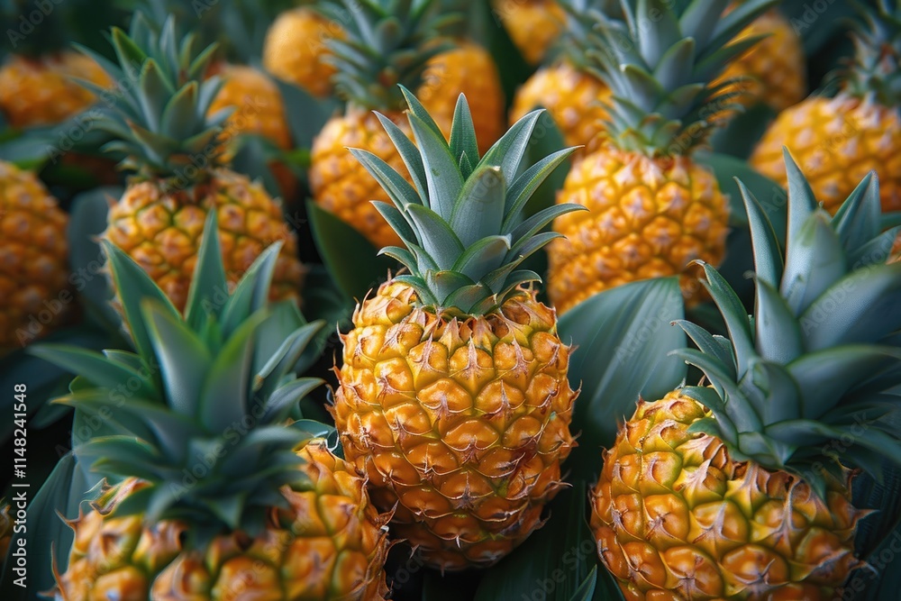 Ripe Pineapples Abundantly Growing In Lush Green Foliage Ripe Pineapples Abundantly Growing In Lush Green Foliage