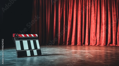 Clapperboard on empty stage with red curtain.