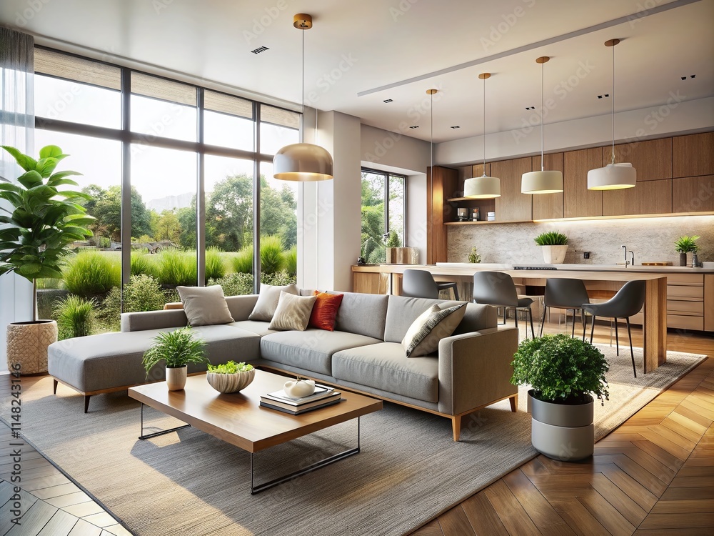 Fototapeta premium Modern Kitchen Living Room Design: Open Plan Contemporary Interior Architecture