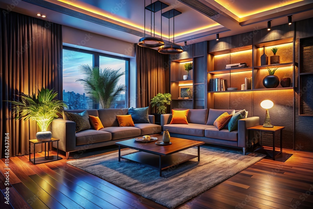 Naklejka premium Modern Living Room Low Light Photography - Interior Design, Cozy Apartment, Ambient Lighting, Dark Room, Minimalist Decor