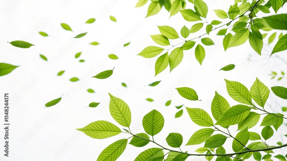 Green Leaves Flying Floating in Air against Clean White Background, Natural Ingredient, Plant-Based, Vegan and Vegetarian Green Leaves Flying Floating in Air against Clean White Background, Natural Ingredient, Plant-Based, Vegan and Vegetarian