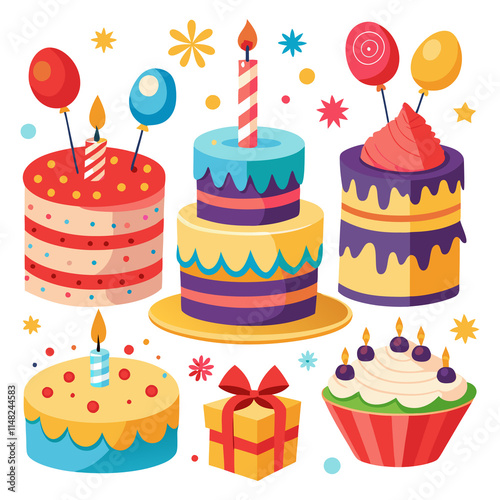 Different Style Colorful Yummy Cake with Strawberry Hearts and Fruit for Birthday Celebrations Vector Design generated Ai