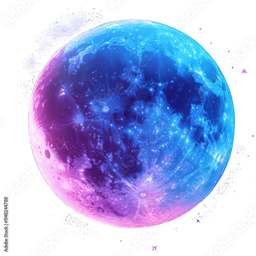 Colorful celestial moon with vibrant blue and pink hues isolated on transparent background png