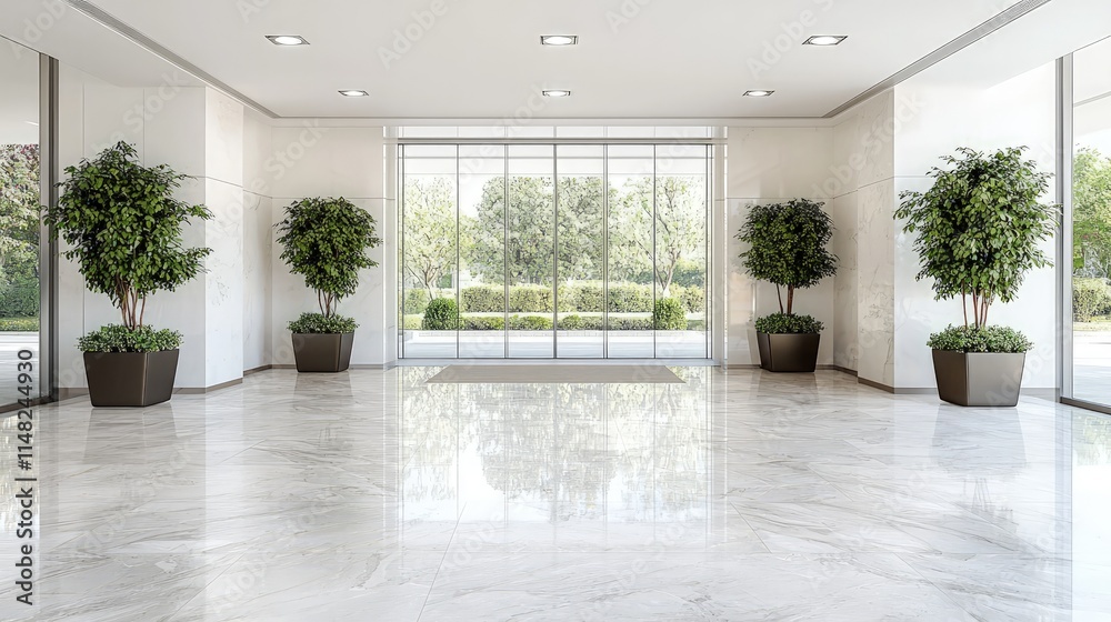 Fototapeta premium Modern building lobby with marble floor, large windows, and potted plants.