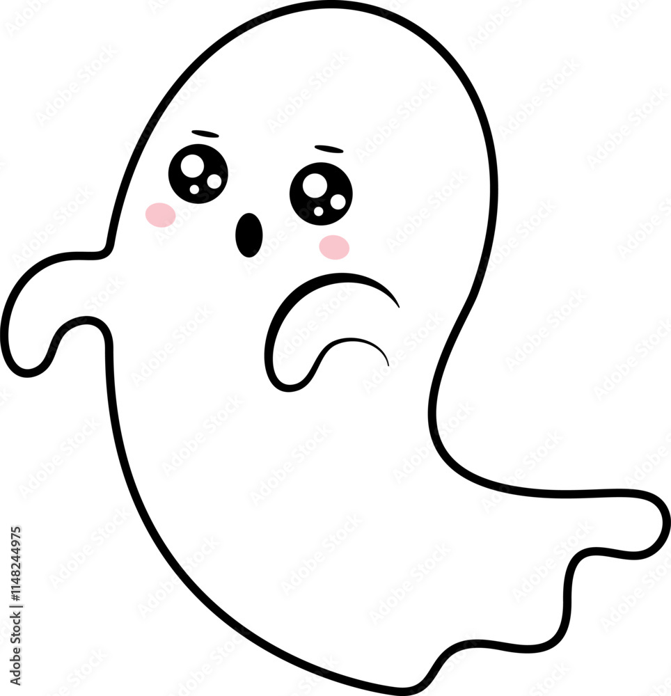Simple vector illustration of a cute cartoon ghost with big eyes and pink cheeks showing concern and sadness, perfect for halloween projects or children illustrations Simple vector illustration of a cute cartoon ghost with big eyes and pink cheeks showing concern and sadness, perfect for halloween projects or children illustrations