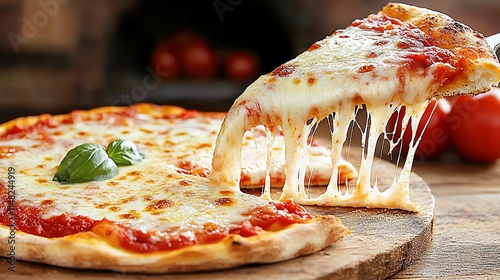 Delicious cheese pizza slice lifted from a wooden board.