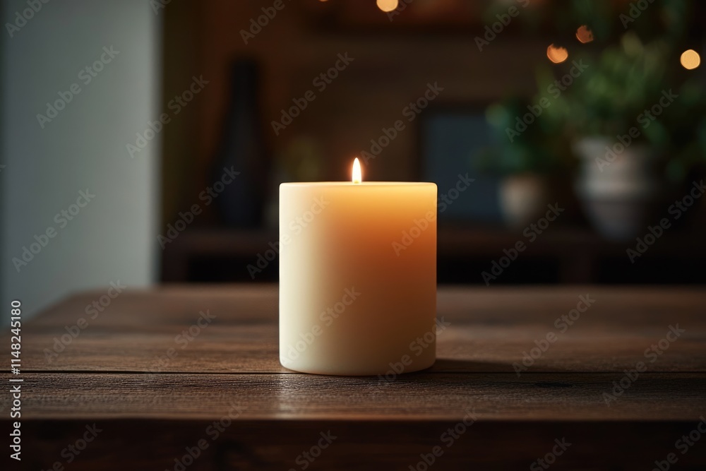 A single, lit candle sits on a rustic wooden table, creating a warm and peaceful ambiance. A single, lit candle sits on a rustic wooden table, creating a warm and peaceful ambiance.