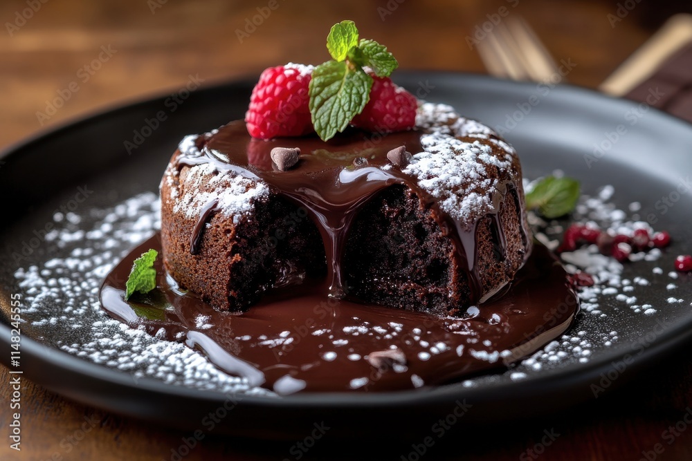 Molten Chocolate Cake Dessert Raspberry Garnish Delight Molten Chocolate Cake Dessert Raspberry Garnish Delight