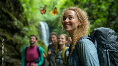 Joyful hikers enjoy nature with butterflies near a waterfall in lush green forest. Adventure awaits them in the great outdoors.