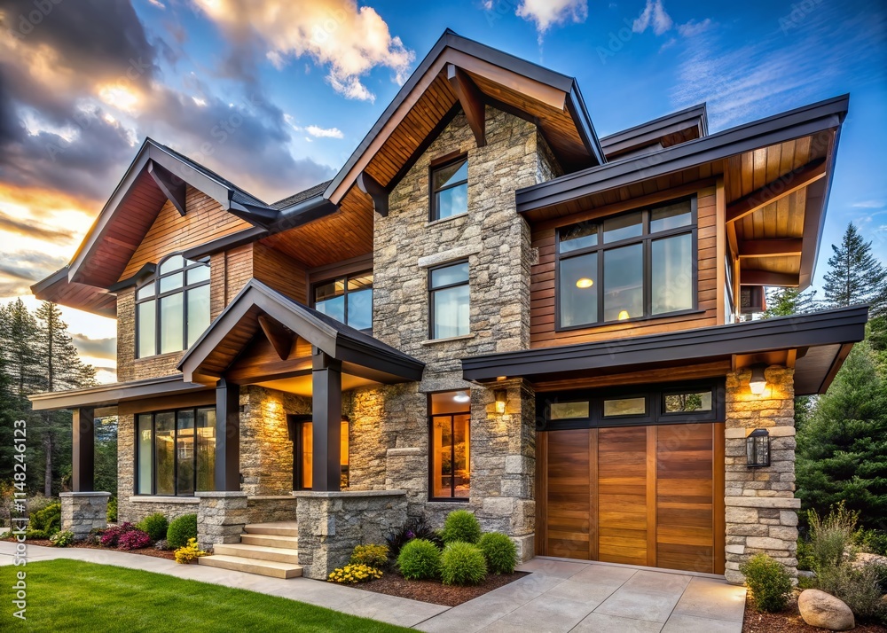 Obraz premium Modern Stone & Wood Home Exterior Design: Rule of Thirds Architectural Photography