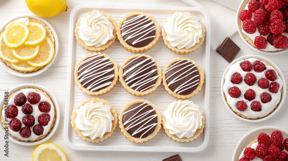 Delicious dessert platter featuring lemon tarts, raspberry cups, and whipped cream Delicious dessert platter featuring lemon tarts, raspberry cups, and whipped cream