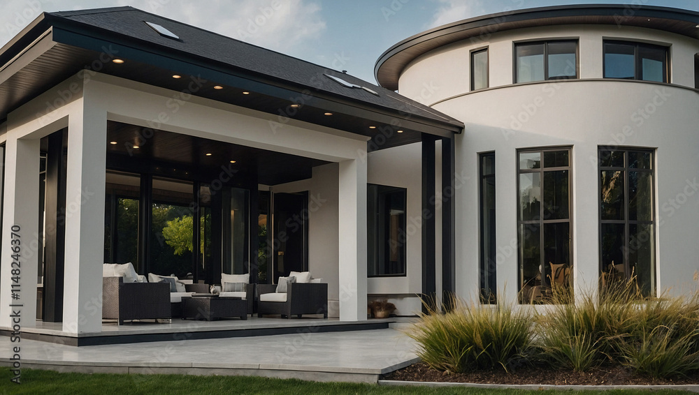 Obraz premium Exterior View of Modern Home with Patio and Landscaping