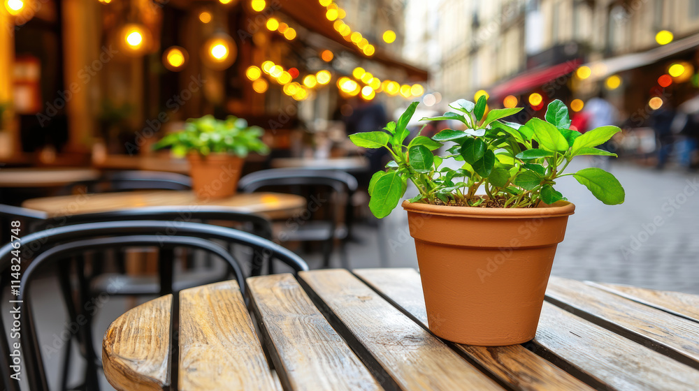 vibrant green plant in terracotta pot on wooden table, creating cozy cafe atmosphere vibrant green plant in terracotta pot on wooden table, creating cozy cafe atmosphere
