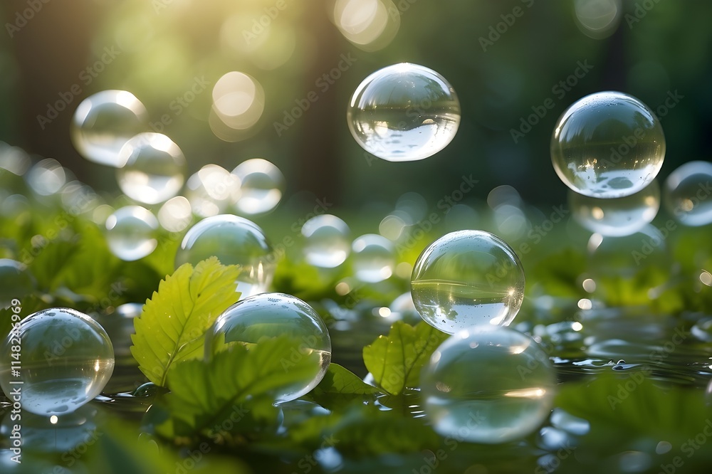 
Légères bulles de savon flottant dans la nature, fonds vert, bokeh