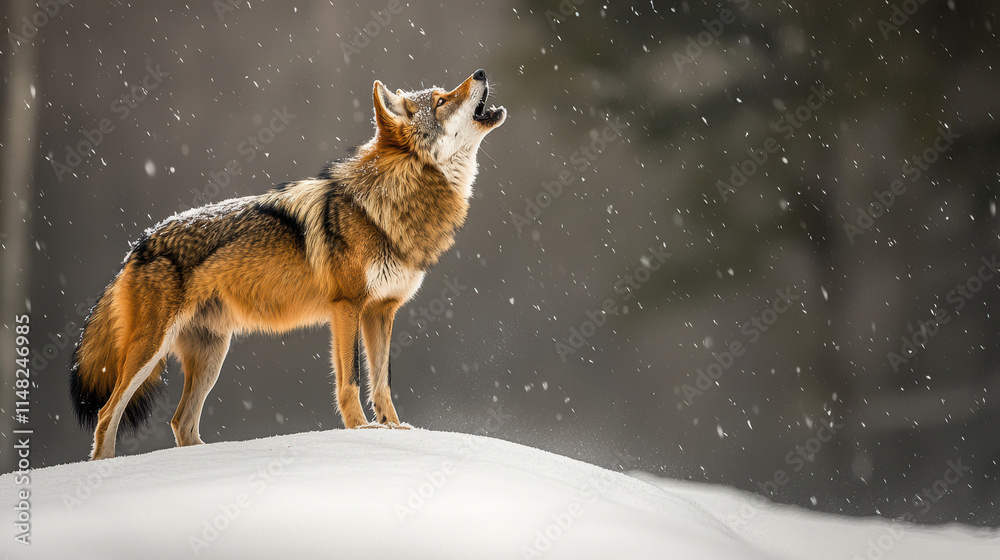 Obraz premium Majestic coyote howling in snow during winter snowfall