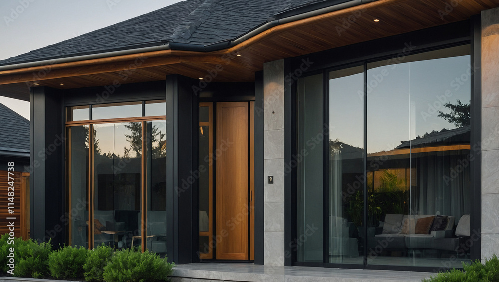 Modern home exterior showcasing dark gray siding, large window panes, a wood-toned front door, and a curved wooden roofline detail. Landscaping is minimal, with low shrubs visible. Modern home exterior showcasing dark gray siding, large window panes, a wood-toned front door, and a curved wooden roofline detail. Landscaping is minimal, with low shrubs visible.