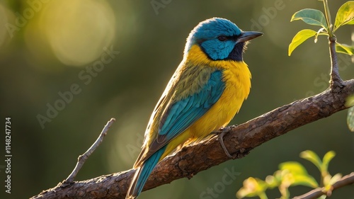 Colorful Bird in Sunlight Perched on a Branch