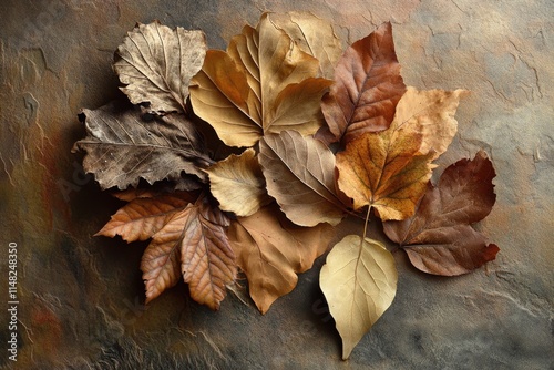 Dried Autumn Leaves Arranged On A Stone Surface photo