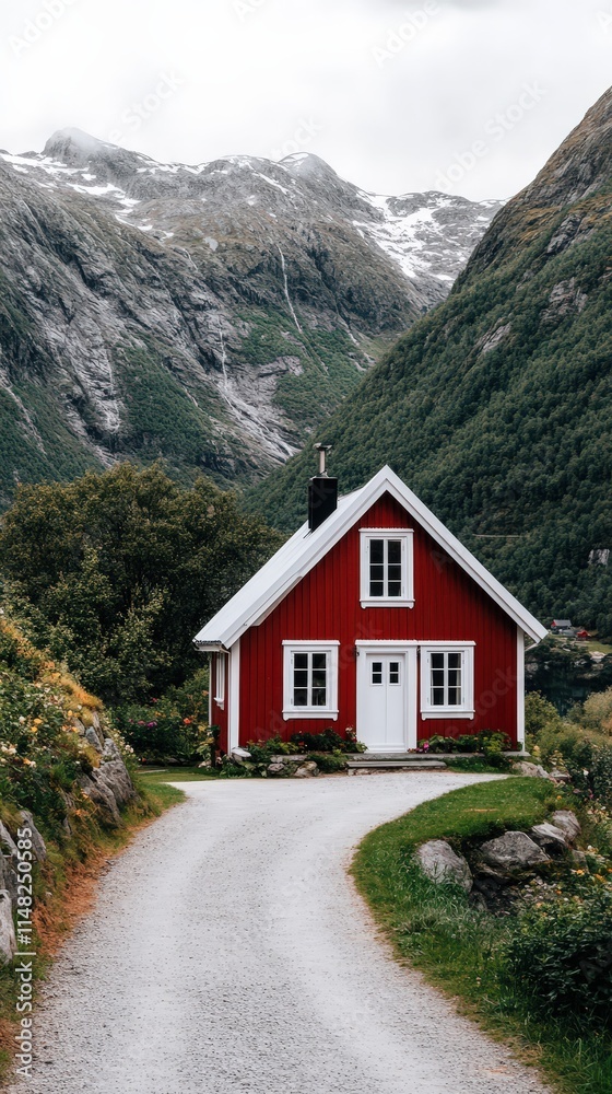 Red wooden house in mountain valley. Scenic rural landscape with snowy peaks. Cozy countryside home. Nature, travel, and adventure concept. Perfect for postcards, invitations, and wall art. Red wooden house in mountain valley. Scenic rural landscape with snowy peaks. Cozy countryside home. Nature, travel, and adventure concept. Perfect for postcards, invitations, and wall art.