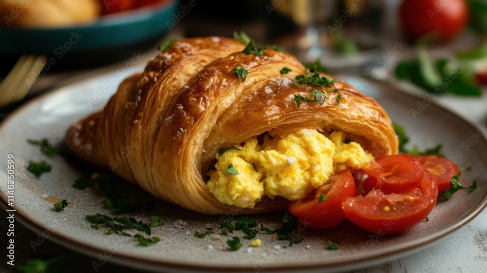 Flaky Croissant Filled with Scrambled Eggs and Fresh Tomatoes