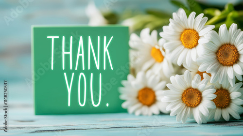 Fresh Daisies with Thank You Note on Wooden Table in Soft Light Background