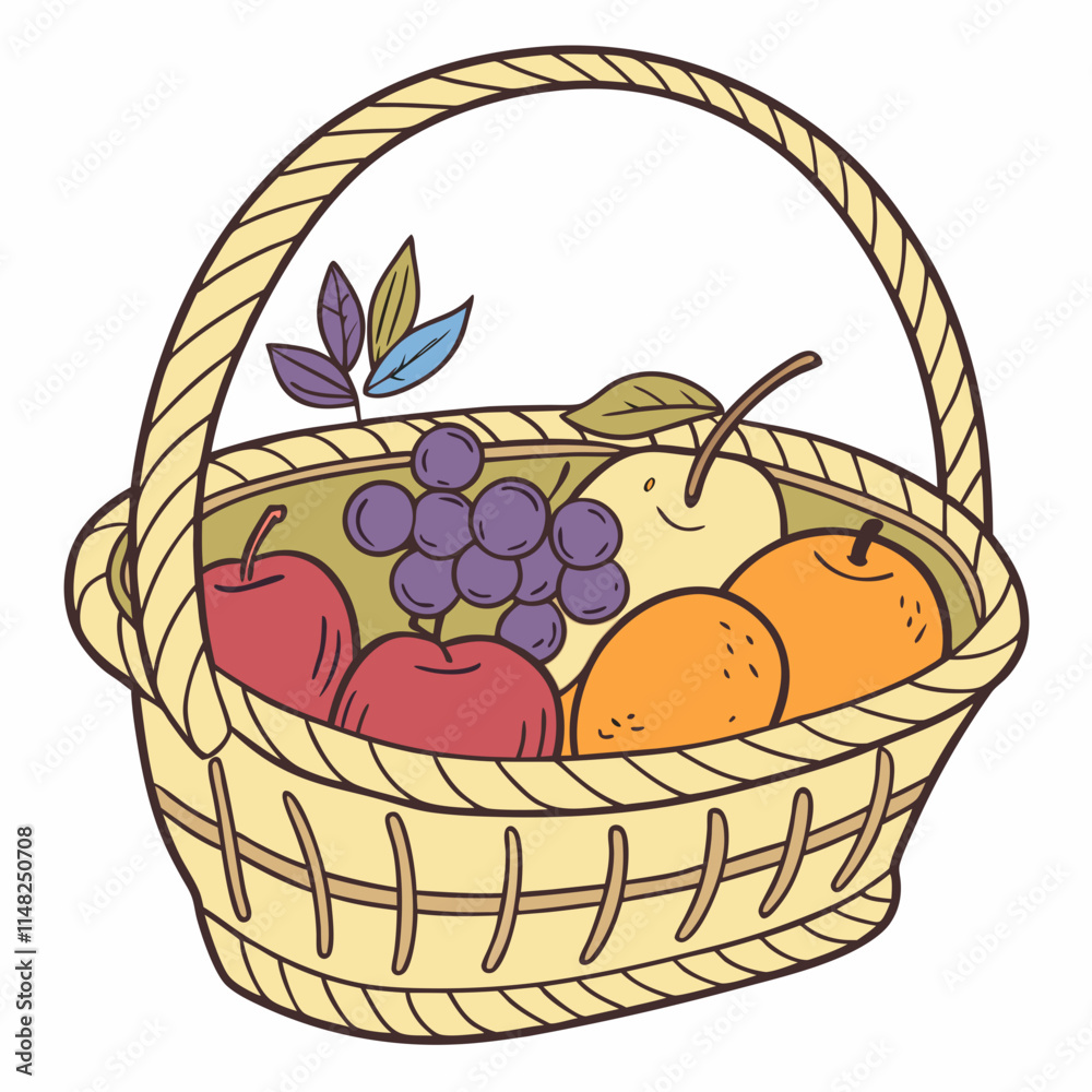 A wicker basket filled with fresh fruits on white background A wicker basket filled with fresh fruits on white background