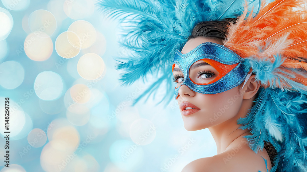 Obraz premium stunning woman wearing vibrant blue and orange feathered mask, showcasing her beauty against soft bokeh background. colorful feathers add festive touch to scene