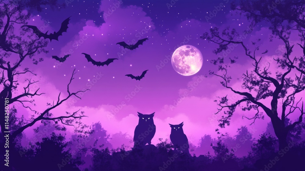 Mysterious night scene with owls and bats under a full moon enchanted forest digital art fantasy atmospheric vibe Mysterious night scene with owls and bats under a full moon enchanted forest digital art fantasy atmospheric vibe