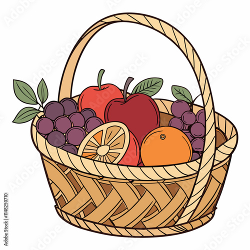A wicker basket filled with fresh fruits on white background