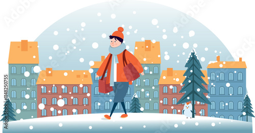 Girl with heavy and big bags in winter clothes walking through the city. Delivery of food and goods by courier. Winter city and trees in snow, girl walking through the snow with big bags