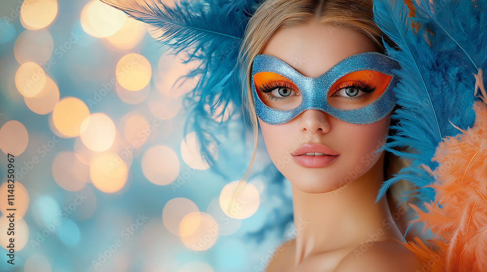 Fototapeta premium stunning woman wearing vibrant blue mask and colorful feathers, showcasing captivating expression against blurred background of soft bokeh lights