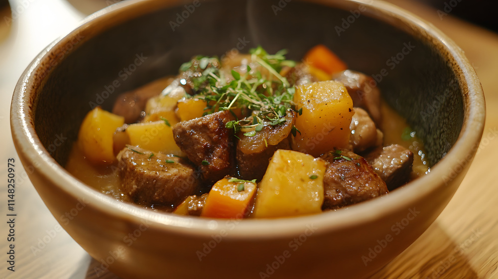 A hearty winter stew served in a rustic bowl, with chunks of meat, root vegetables, and herbs (1) A hearty winter stew served in a rustic bowl, with chunks of meat, root vegetables, and herbs (1)