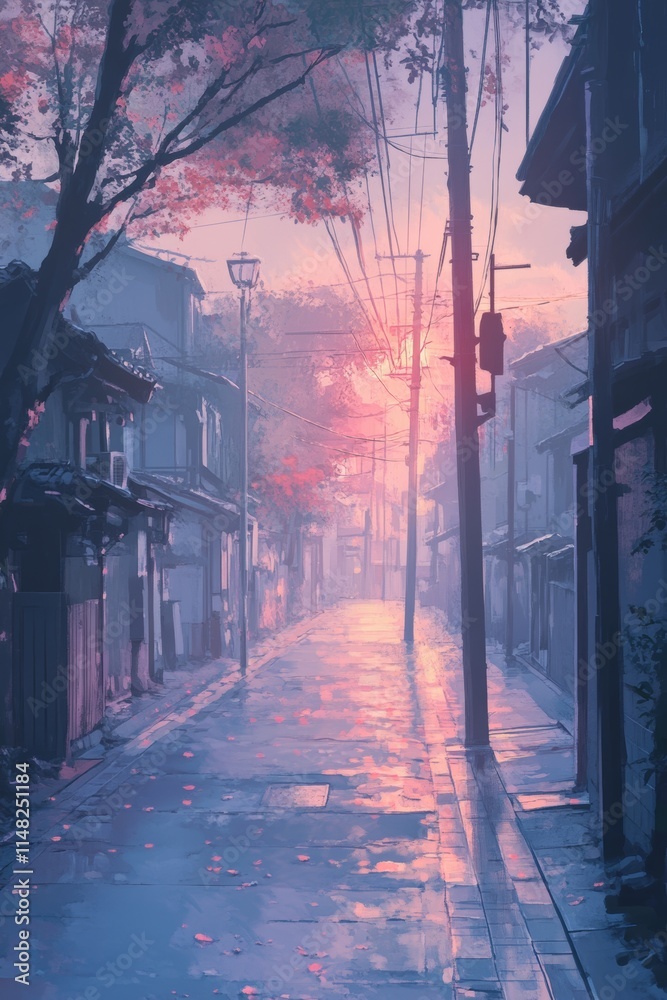 A peaceful urban street scene at sunset, featuring pastel colors and autumn leaves, creating a serene and tranquil atmosphere. A peaceful urban street scene at sunset, featuring pastel colors and autumn leaves, creating a serene and tranquil atmosphere.
