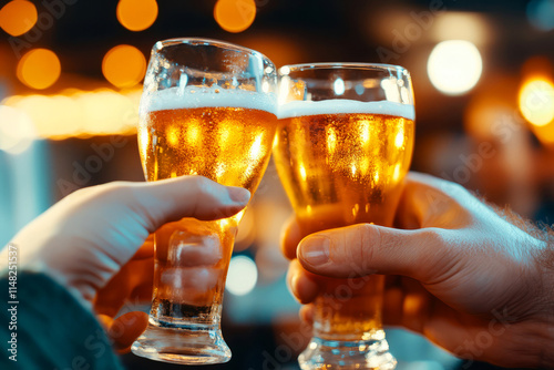 Cheers to Friendship and Celebration with Clinking Beer Glasses in a Festive Atmosphere photo