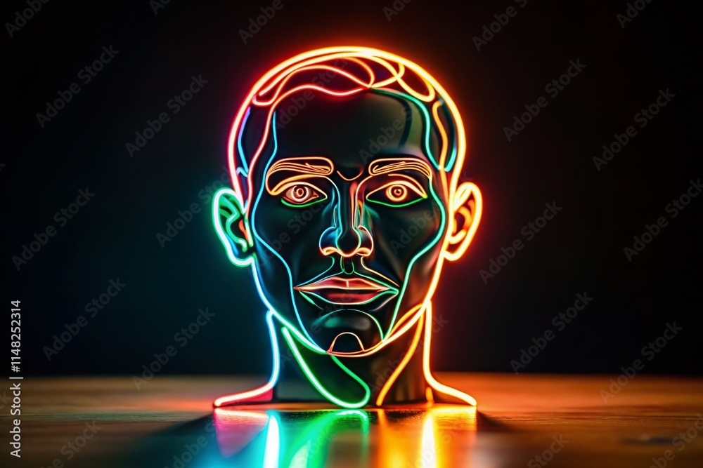Neon Abstract Face, Minimalist Tilt-Shift Portrait, Modern Art, Black Background, Line Art Neon Abstract Face, Minimalist Tilt-Shift Portrait, Modern Art, Black Background, Line Art