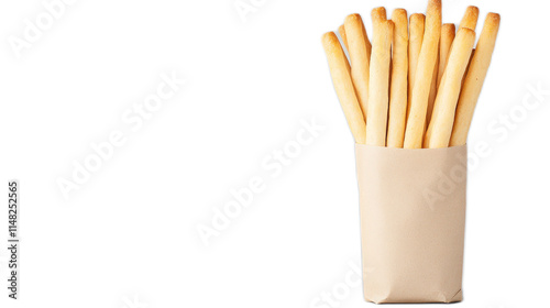 Freshly Baked Breadsticks in Simple Paper Bag on a Light Background