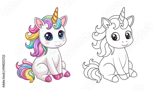 Coloring book for kids cute unicorn.; A magic pony with a horn.; A fabulous horse. A hand-drawn vector illustration.