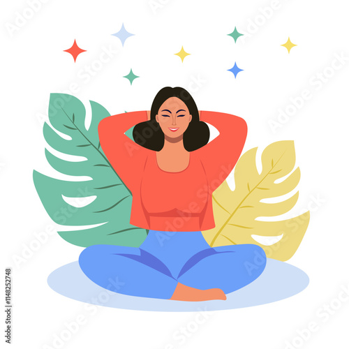 A young Asian woman plays sports against a background of plants.  Self-care, yoga and relaxation, healthy lifestyle.  Vector illustration