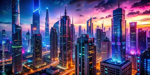 Wallpaper Mural Neon City Nightscape: Futuristic Architecture, Digital Metropolis, Glowing Skyscrapers, Illuminated Buildings, Night Photography Torontodigital.ca