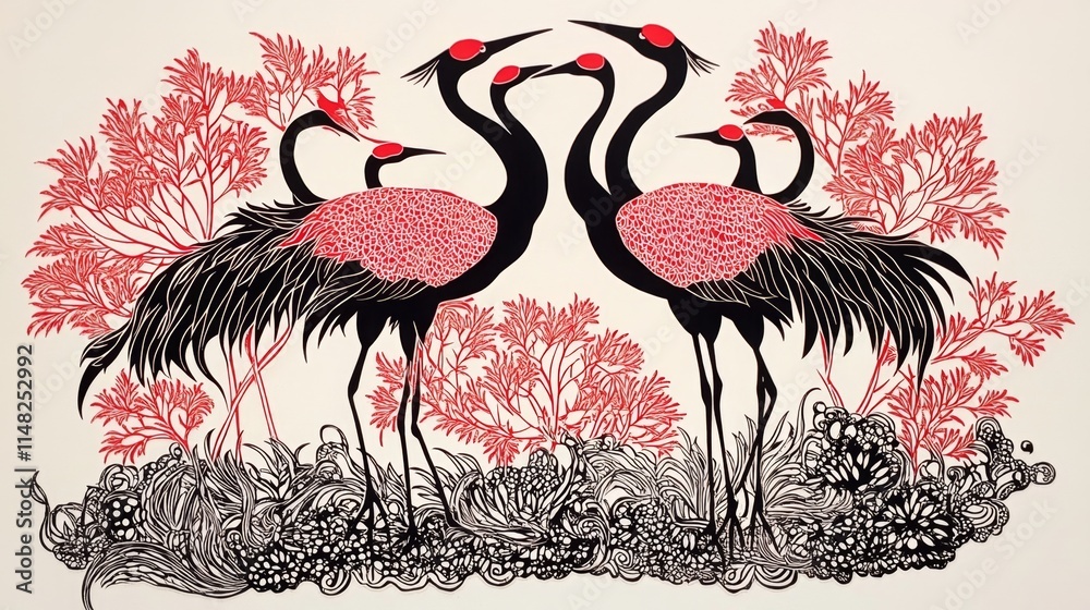 Obraz premium Artistic depiction of elegant cranes nature scene graphic illustration serene environment close-up view cultural symbolism