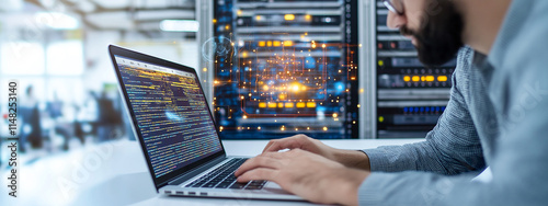 man working on laptop in modern office environment, coding with data visualization elements in background. atmosphere is focused and tech oriented photo