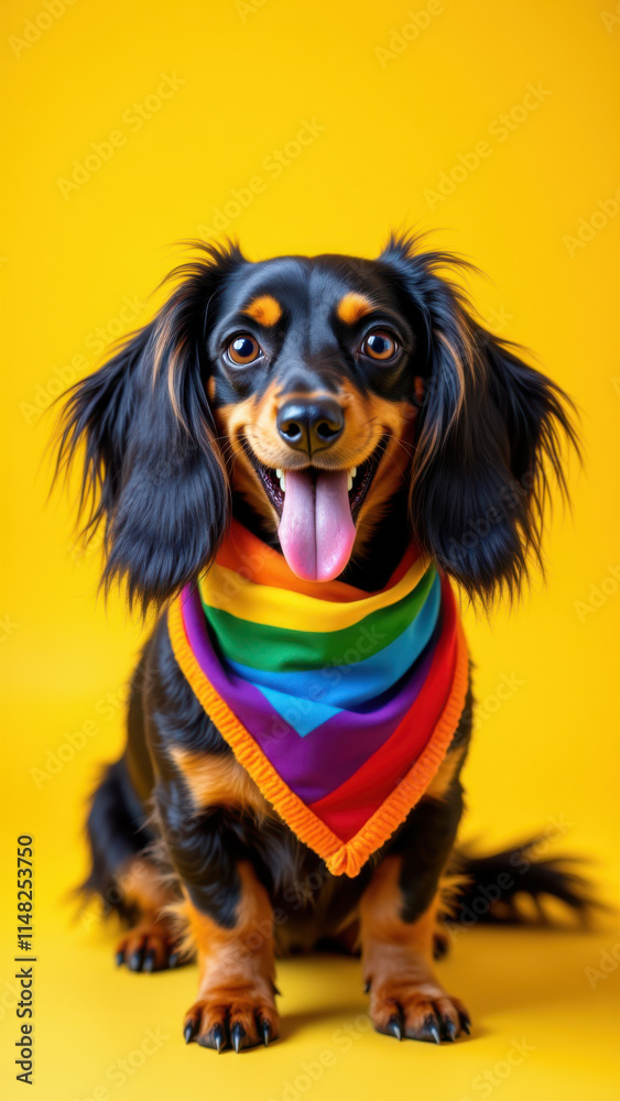 Long-haired dachshund sitting with rainbow LGBTQ+ pride bandana around neck against yellow background. Long-haired dachshund sitting with rainbow LGBTQ+ pride bandana around neck against yellow background.
